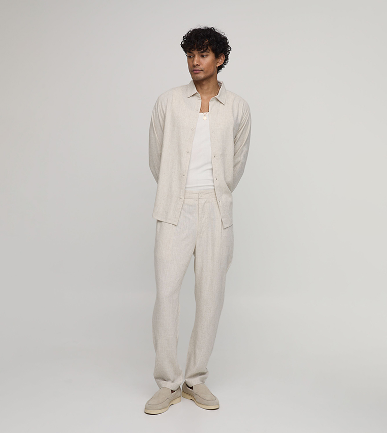 بنطلون مزيج لينن ضيق سادة بخصر نصف مرن