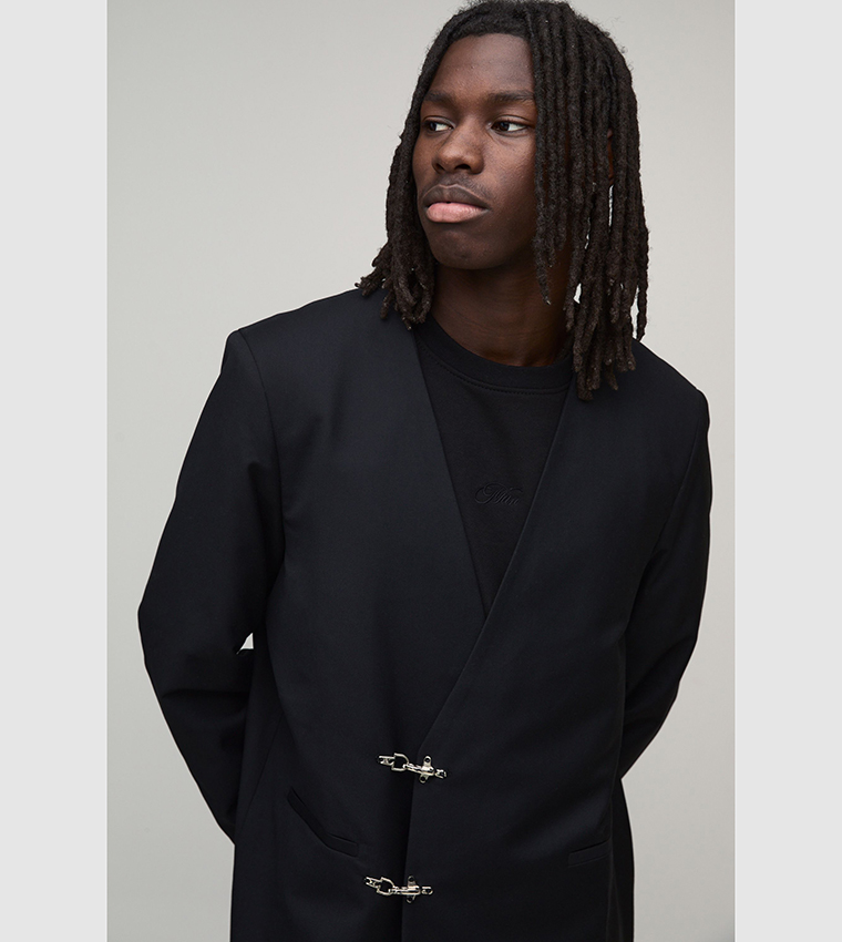 Collarless Fireman Clasp Oversized Blazer