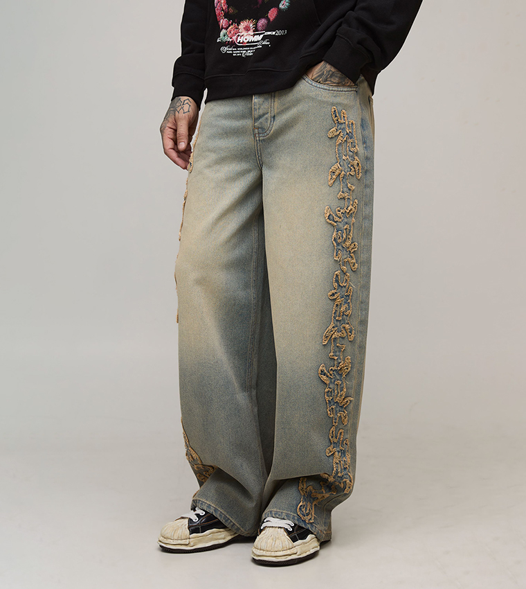 Tall Tribal Appliqued Tinted Washed Baggy Fit Jeans