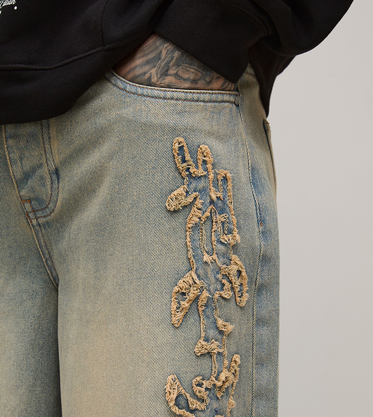 Tall Tribal Appliqued Tinted Washed Baggy Fit Jeans