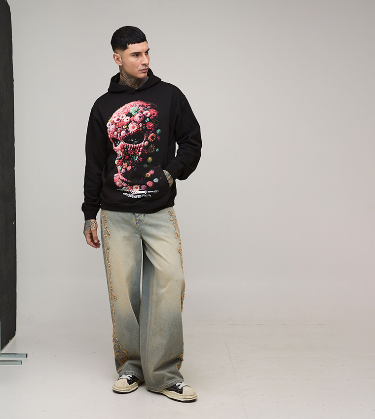 Tall Tribal Appliqued Tinted Washed Baggy Fit Jeans