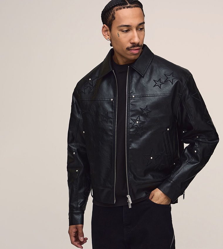 PU Star Applique Boxy Fit Harrington Jacket