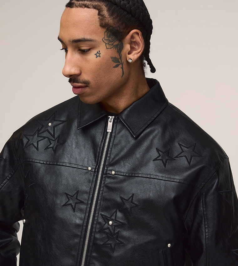 PU Star Applique Boxy Fit Harrington Jacket