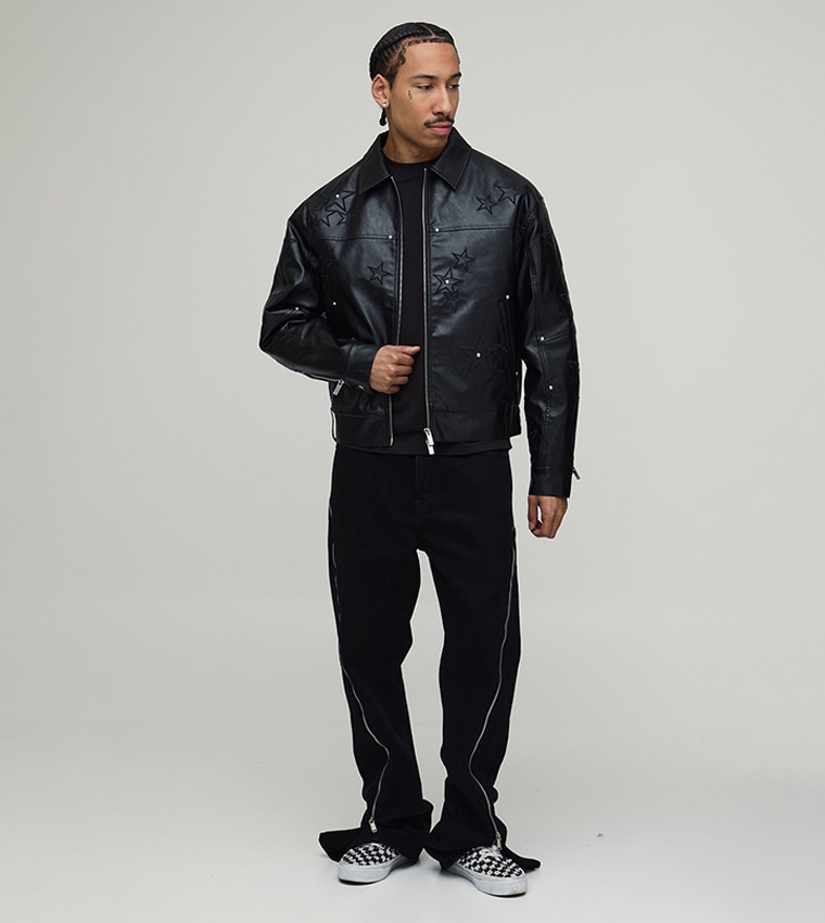 PU Star Applique Boxy Fit Harrington Jacket