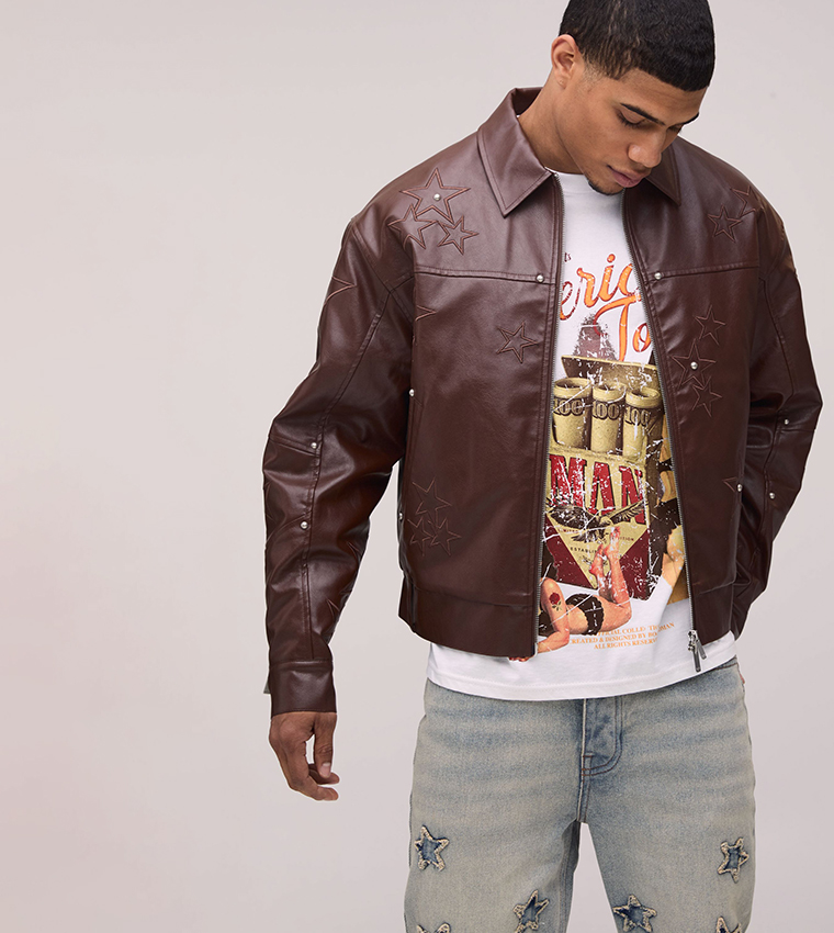 PU Star Applique Boxy Fit Harrington Jacket