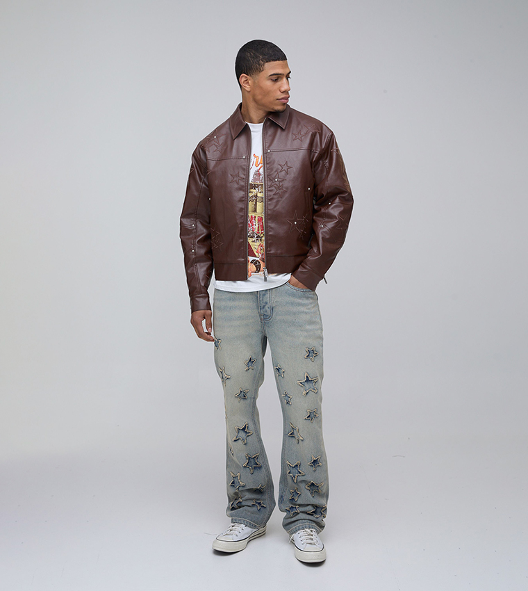 PU Star Applique Boxy Fit Harrington Jacket