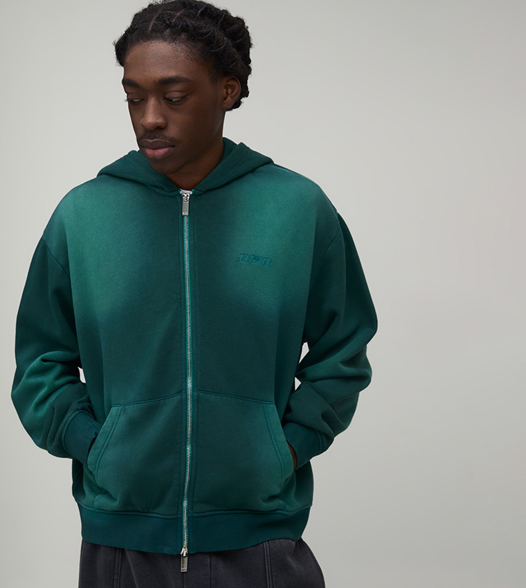 Spray Wash Embroidered Zip-Through Oversized Hooded Jacket