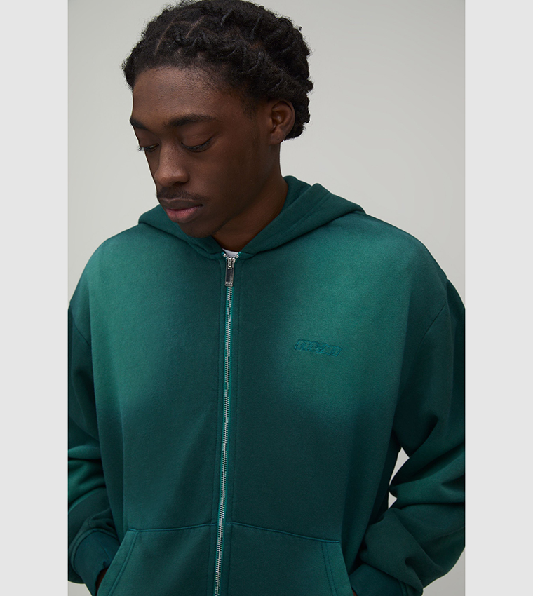 Spray Wash Embroidered Zip-Through Oversized Hooded Jacket