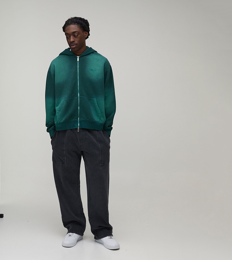 Spray Wash Embroidered Zip-Through Oversized Hooded Jacket