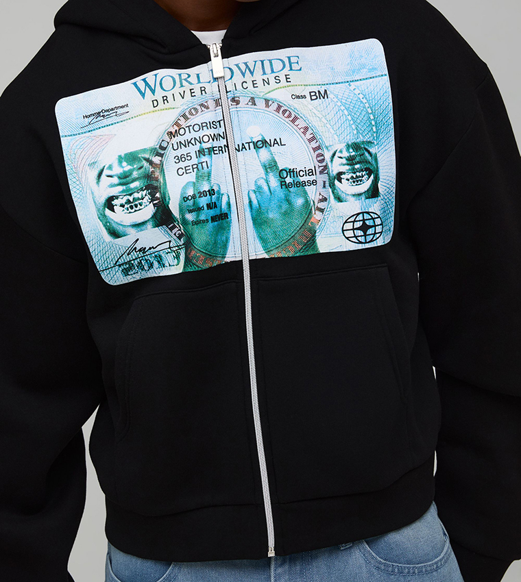 Shrunken Fit Washed License Graphic Hooded Jacket