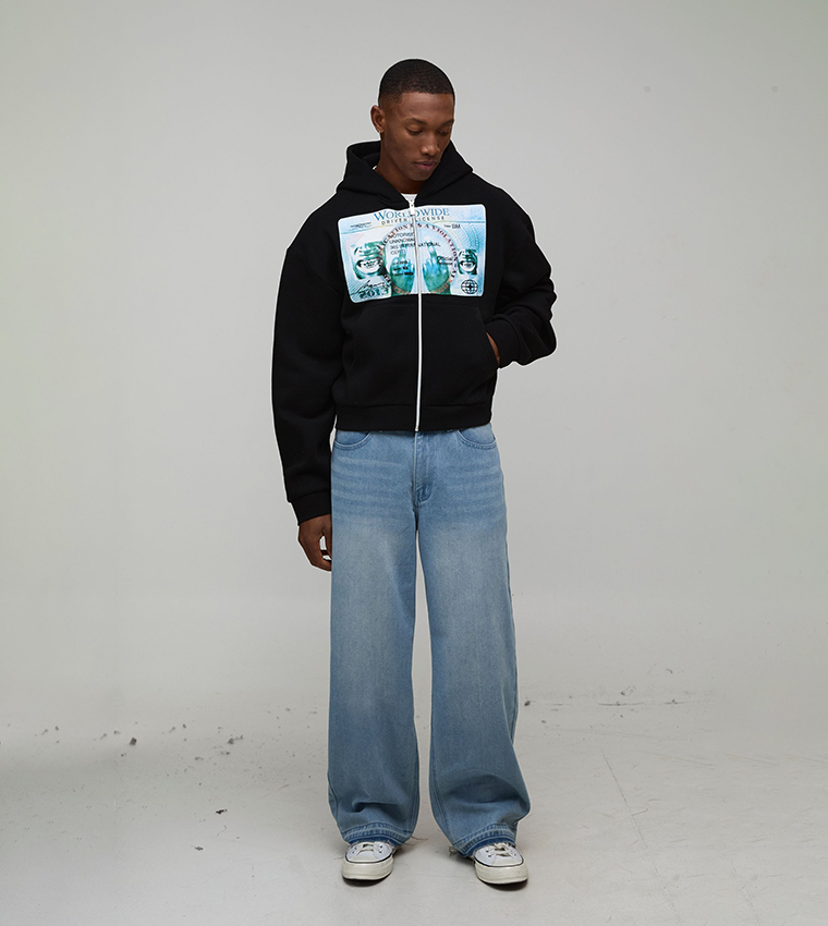 Shrunken Fit Washed License Graphic Hooded Jacket