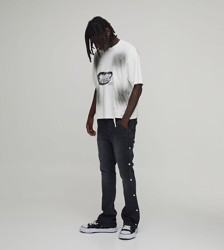 Popper Side Stretch Slim Fit Flared Jeans