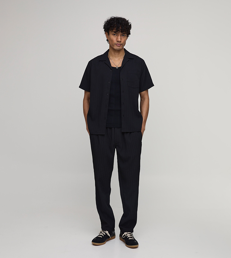 Tapered Fit Irregular Pleat Textured Trousers
