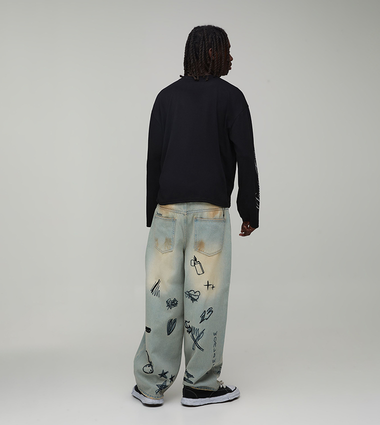 Doodle Embroidered Stonewash Super Baggy Fit Jeans