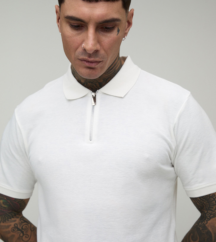 Tall Slim Fit Zipper Neck Pique Polo T-Shirt