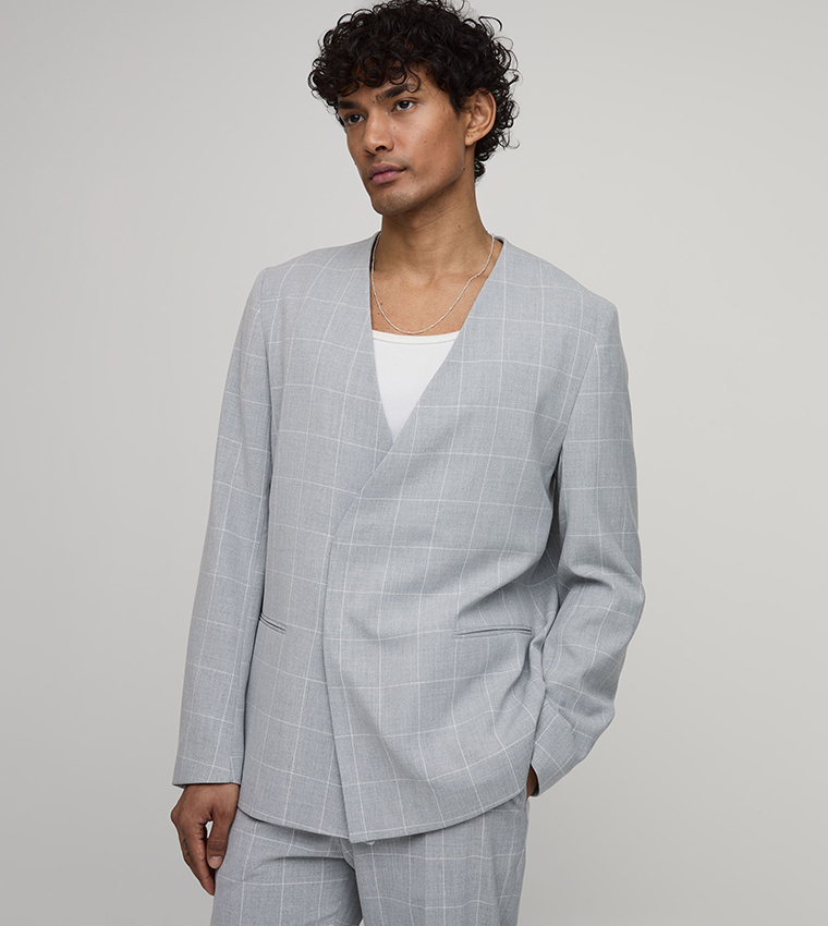 Windowpane Checked Collarless Regular Fit Wrap Blazer