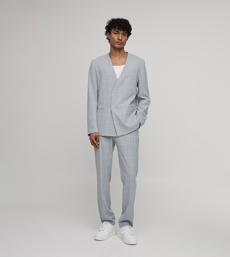 Windowpane Checked Collarless Regular Fit Wrap Blazer