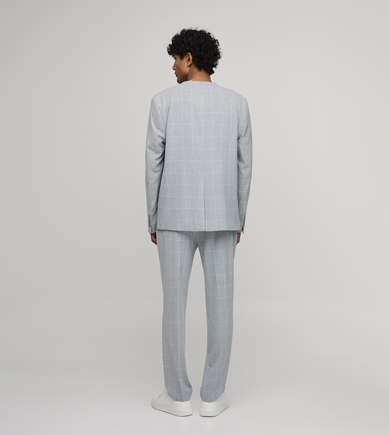 Windowpane Checked Collarless Regular Fit Wrap Blazer