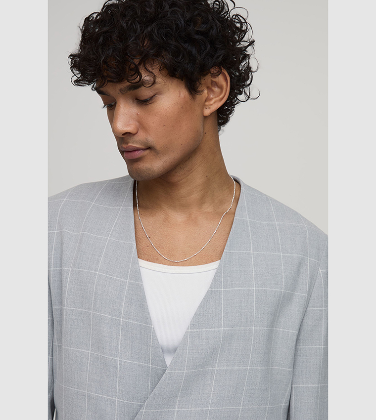 Windowpane Checked Collarless Regular Fit Wrap Blazer