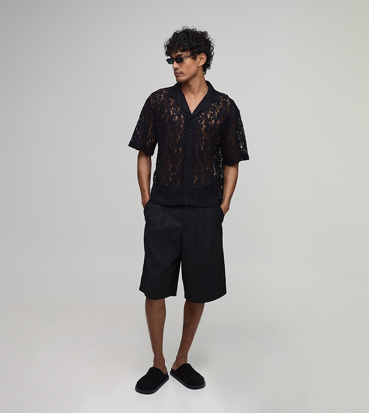 Revere Short Sleeves Lace Boxy Fit Shirt