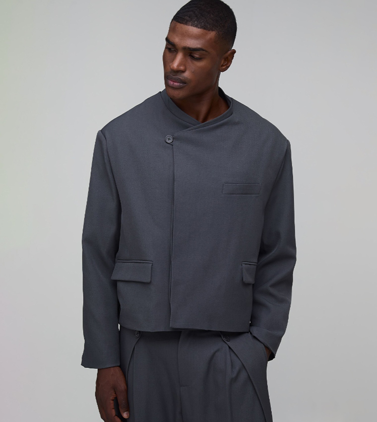 Wrap Collarless Oversized Boxy Suit Jacket