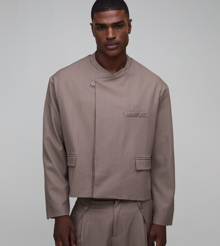 Wrap Collarless Oversized Boxy Suit Jacket