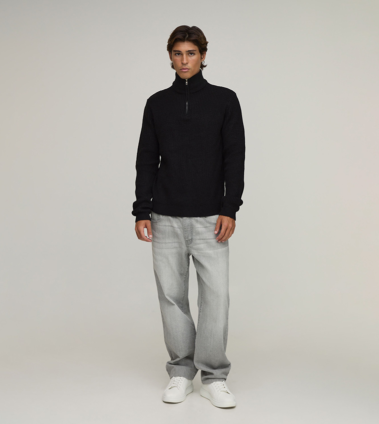 Regular Fit 1/4 Zip Ribbed Knitted Sweater