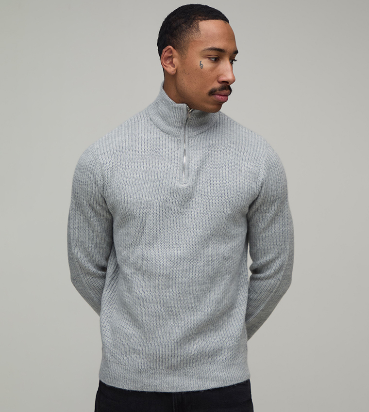 Regular Fit 1/4 Zip Ribbed Knitted Sweater