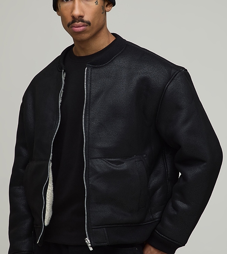 Regular Fit Reversible Bonded PU Borg Bomber Jacket