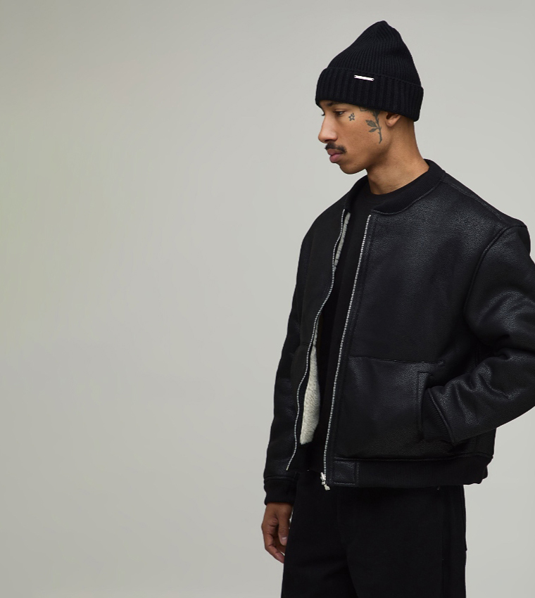 Regular Fit Reversible Bonded PU Borg Bomber Jacket
