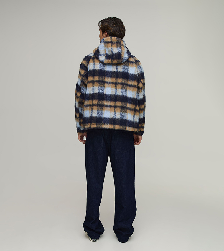 Brushed Check Hooded Oversized Jacket