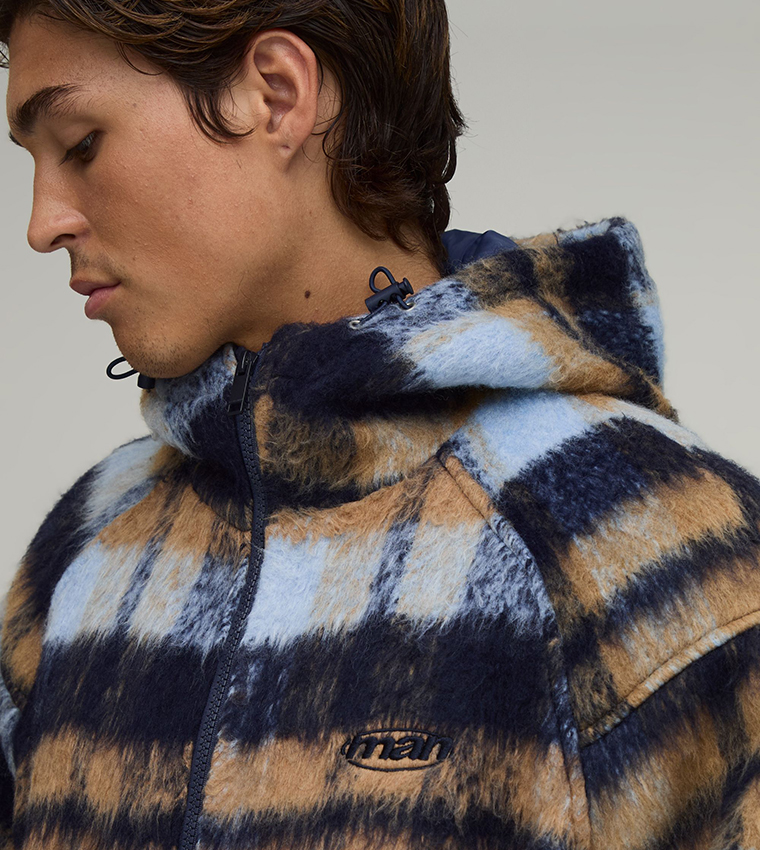 Brushed Check Hooded Oversized Jacket