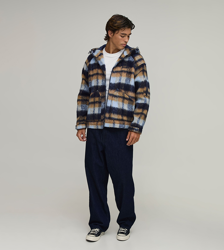 Brushed Check Hooded Oversized Jacket
