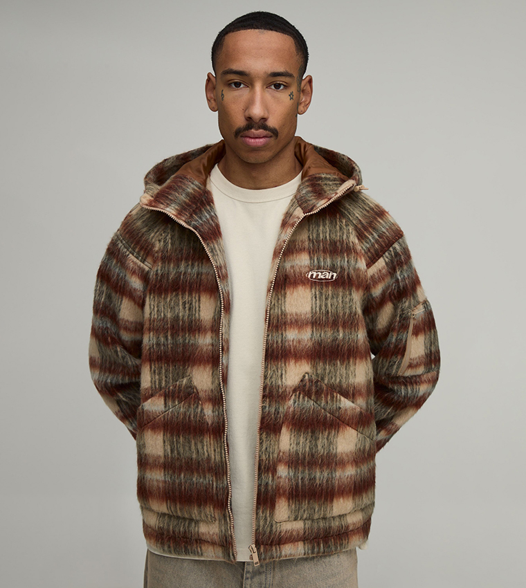 Brushed Check Hooded Oversized Jacket