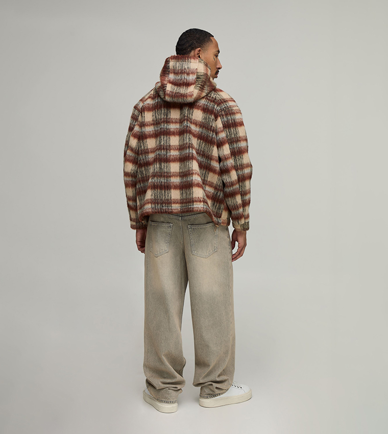Brushed Check Hooded Oversized Jacket