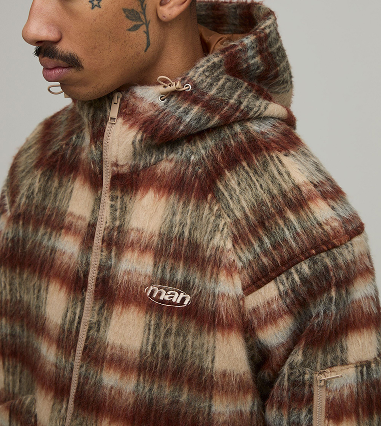 Brushed Check Hooded Oversized Jacket