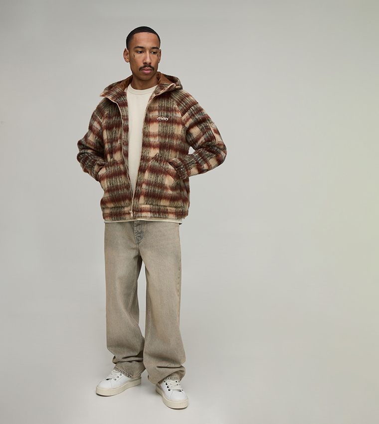 Brushed Check Hooded Oversized Jacket