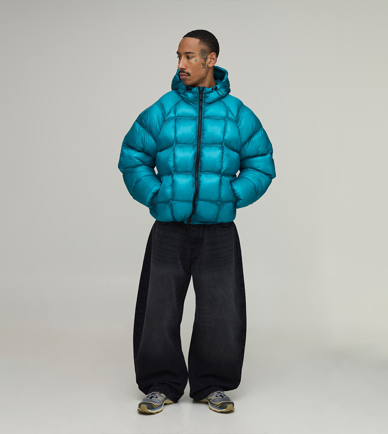 Translucent Square Panel Hooded Oversized Puffer Jacket