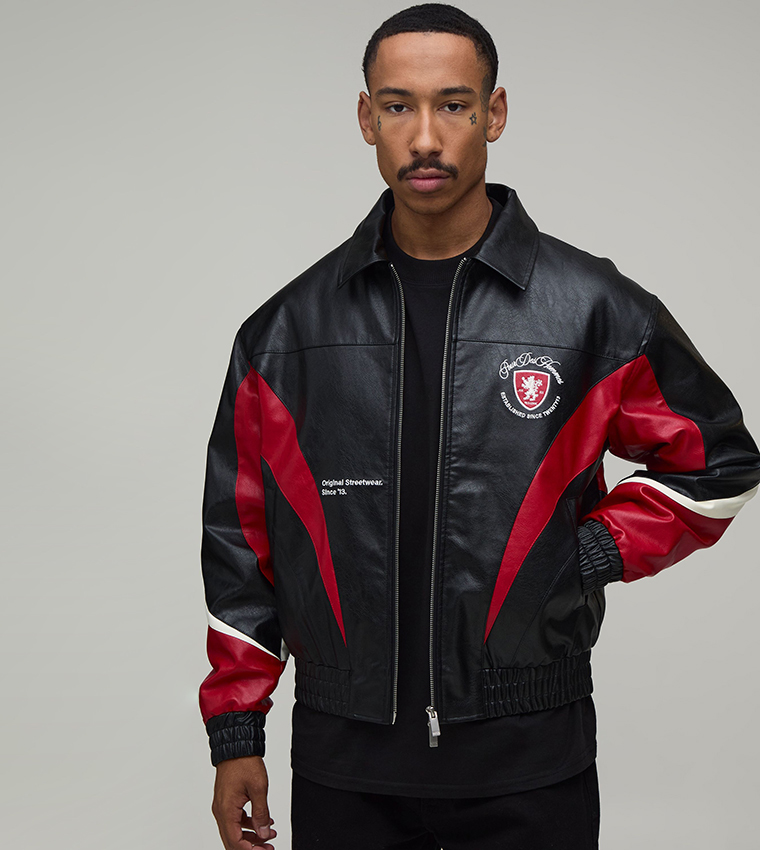 PU Color Block Panel Embroidered Varsity Jacket