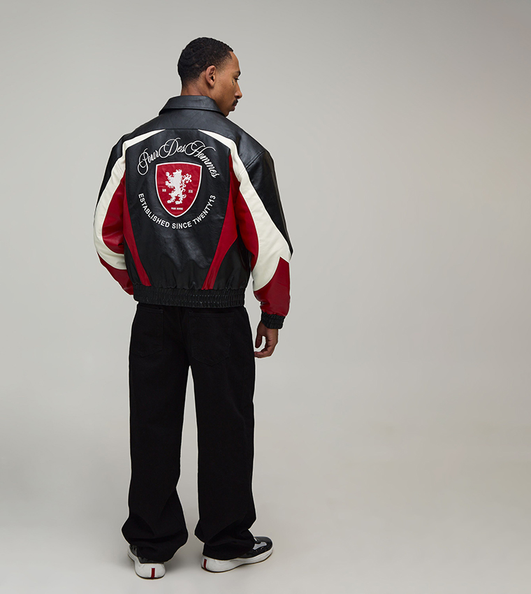 PU Color Block Panel Embroidered Varsity Jacket