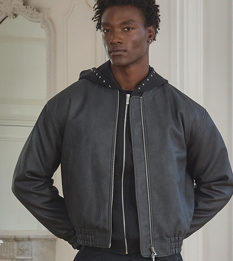 Textured PU Shoulder Pad Bomber Jacket