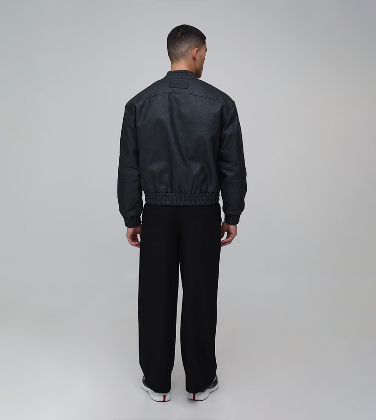 Textured PU Shoulder Pad Bomber Jacket