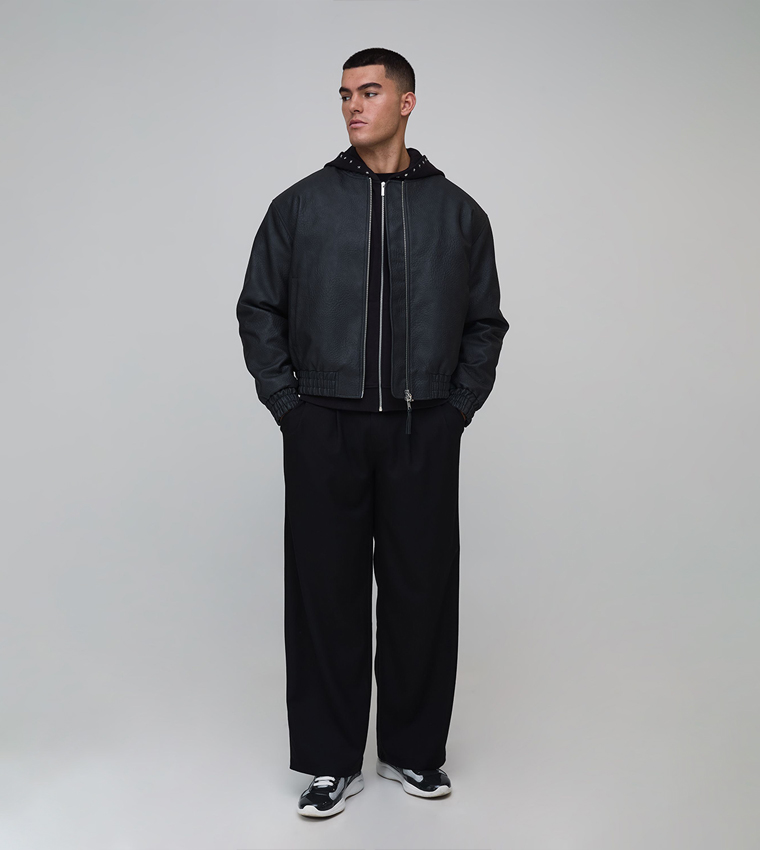 Textured PU Shoulder Pad Bomber Jacket