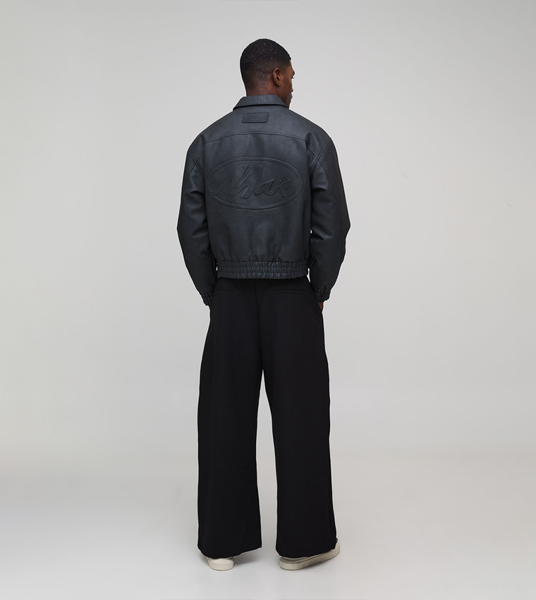 Textured PU Collared Bomber Jacket