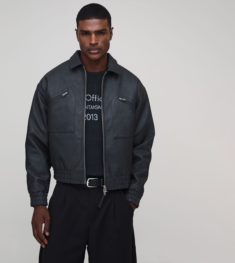 Textured PU Collared Bomber Jacket