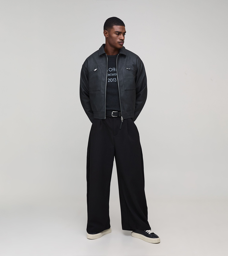 Textured PU Collared Bomber Jacket