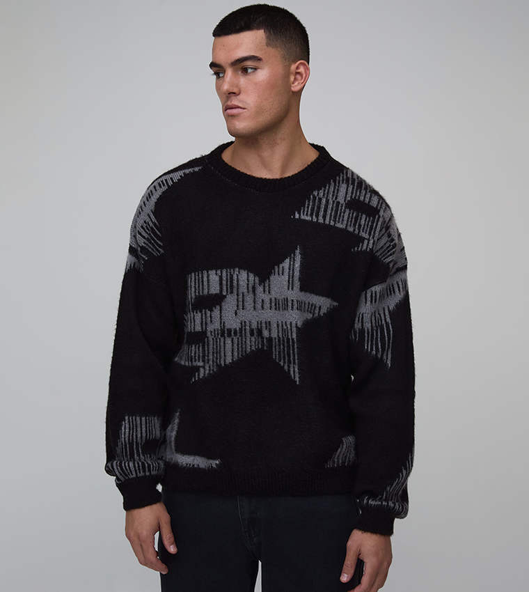 Brushed Jacquard Branded Crew Neck Sweater