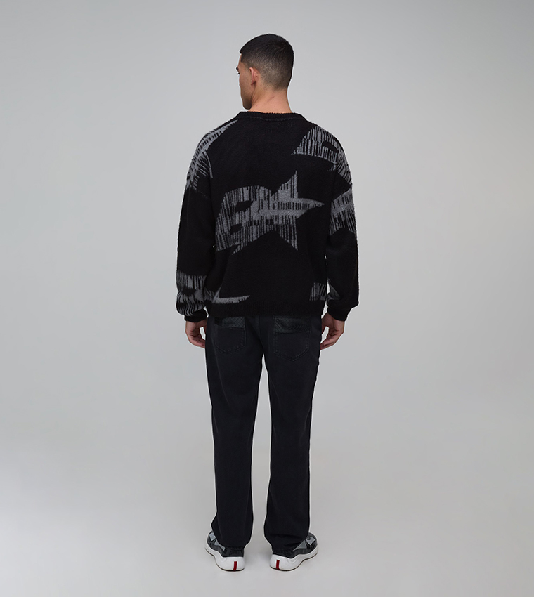 Brushed Jacquard Branded Crew Neck Sweater