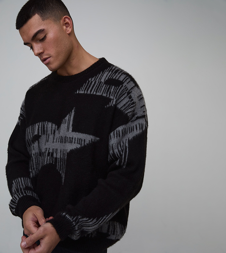 Brushed Jacquard Branded Crew Neck Sweater