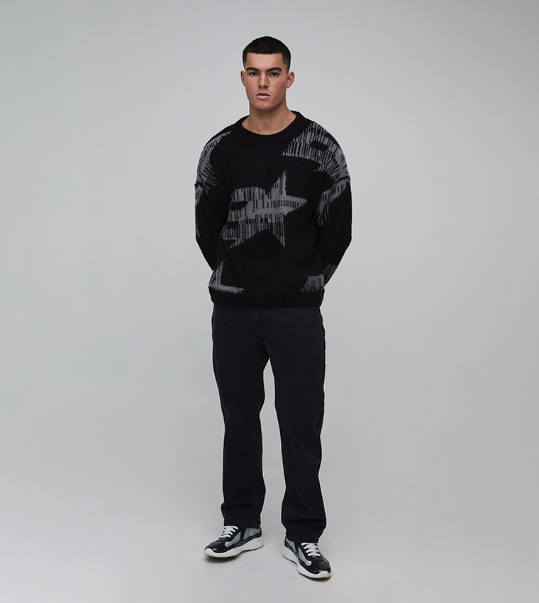 Brushed Jacquard Branded Crew Neck Sweater
